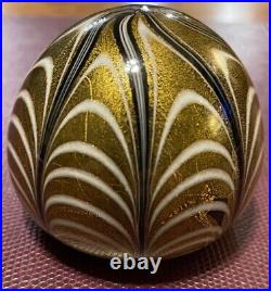 Vintage Murano art glass gold foil, white, black pulled feather paperweight EUC