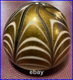 Vintage Murano art glass gold foil, white, black pulled feather paperweight EUC