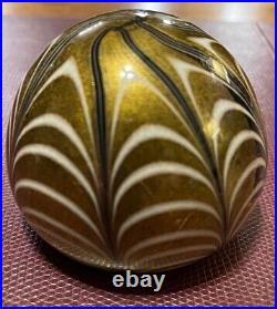 Vintage Murano art glass gold foil, white, black pulled feather paperweight EUC