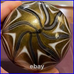 Vintage Murano art glass gold foil, white, black pulled feather paperweight EUC