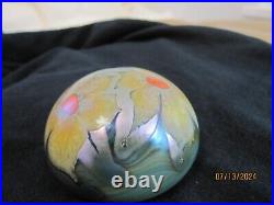 Vintage ORIENT & FLUME Paperweight Art Glass Iridescent flower- Signed