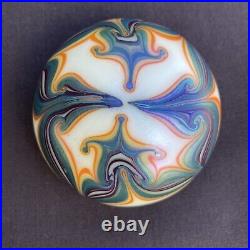 Vintage ORIENT & FLUME Signed Art Glass Paperweight 1975 White Iridescent Colors