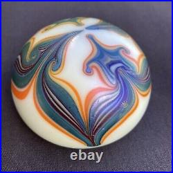 Vintage ORIENT & FLUME Signed Art Glass Paperweight 1975 White Iridescent Colors