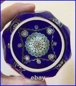Vintage Perthshire Flower Millefiori Glass Blue Faceted Paperweight Signed P1976