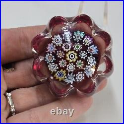 Vintage Scottish Perthshire Millefiori Art Glass Paperweight With Stand Flower