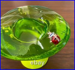 Vintage Viking Art Glass Lime Green Epic Mushroom with LADYBUG Paperweight 2.5