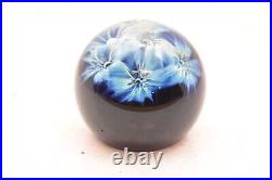 Vintage Zellique Studio Signed Art Glass Blue Flowers Paperweight