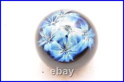 Vintage Zellique Studio Signed Art Glass Blue Flowers Paperweight