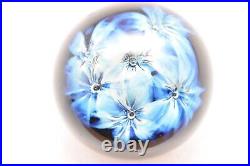 Vintage Zellique Studio Signed Art Glass Blue Flowers Paperweight