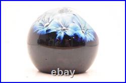 Vintage Zellique Studio Signed Art Glass Blue Flowers Paperweight