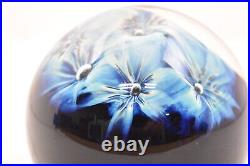 Vintage Zellique Studio Signed Art Glass Blue Flowers Paperweight