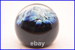 Vintage Zellique Studio Signed Art Glass Blue Flowers Paperweight