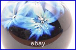 Vintage Zellique Studio Signed Art Glass Blue Flowers Paperweight