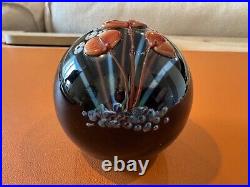 Vtg 1984 Richard Rick Satava Studio Art Glass Paperweight with Raised Floral Dec