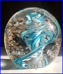 Vtg ART GLASS Paperweight/sgn Robert Hamon/ Blue&Wht Swirl w copper Aventurine/