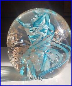 Vtg ART GLASS Paperweight/sgn Robert Hamon/ Blue&Wht Swirl w copper Aventurine/