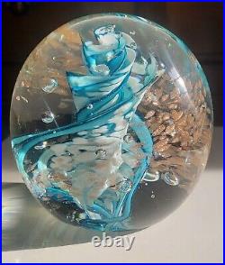 Vtg ART GLASS Paperweight/sgn Robert Hamon/ Blue&Wht Swirl w copper Aventurine/