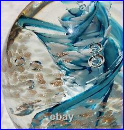 Vtg ART GLASS Paperweight/sgn Robert Hamon/ Blue&Wht Swirl w copper Aventurine/