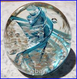 Vtg ART GLASS Paperweight/sgn Robert Hamon/ Blue&Wht Swirl w copper Aventurine/