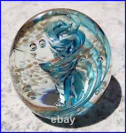 Vtg ART GLASS Paperweight/sgn Robert Hamon/ Blue&Wht Swirl w copper Aventurine/