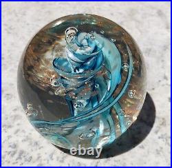 Vtg ART GLASS Paperweight/sgn Robert Hamon/ Blue&Wht Swirl w copper Aventurine/