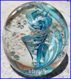 Vtg ART GLASS Paperweight/sgn Robert Hamon/ Blue&Wht Swirl w copper Aventurine/