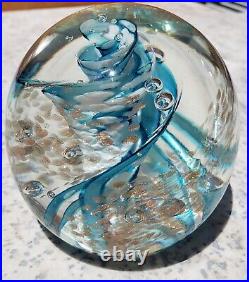 Vtg ART GLASS Paperweight/sgn Robert Hamon/ Blue&Wht Swirl w copper Aventurine/