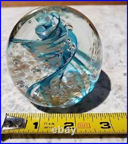 Vtg ART GLASS Paperweight/sgn Robert Hamon/ Blue&Wht Swirl w copper Aventurine/