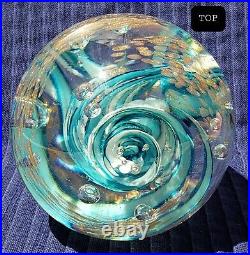 Vtg ART GLASS Paperweight/sgn Robert Hamon/ Blue&Wht Swirl w copper Aventurine/