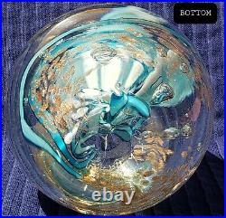 Vtg ART GLASS Paperweight/sgn Robert Hamon/ Blue&Wht Swirl w copper Aventurine/