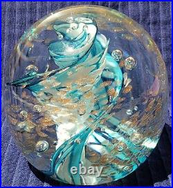 Vtg ART GLASS Paperweight/sgn Robert Hamon/ Blue&Wht Swirl w copper Aventurine/