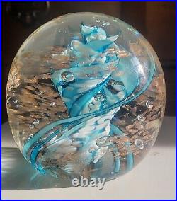 Vtg ART GLASS Paperweight/sgn Robert Hamon/ Blue&Wht Swirl w copper Aventurine/