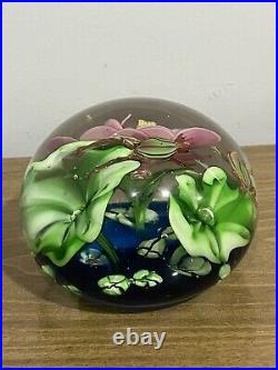 Vtg Art Glass Frogs Lylipad & Pink Flower Paper Weight