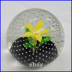 Vtg Caithness Scotland Flowets In The Rain Art Glass Paperweight Yellow Bubbles