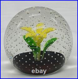 Vtg Caithness Scotland Flowets In The Rain Art Glass Paperweight Yellow Bubbles