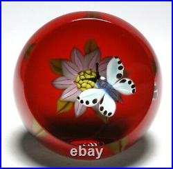 William Manson Snr. Spotted Butterfly & Pink Flower Upright Faceted Paperweight
