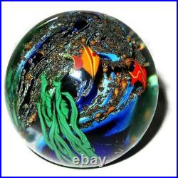 Zellique Art Glass Studio JM 4-1990 58M334 Globe Sea Ocean Fish Paperweight